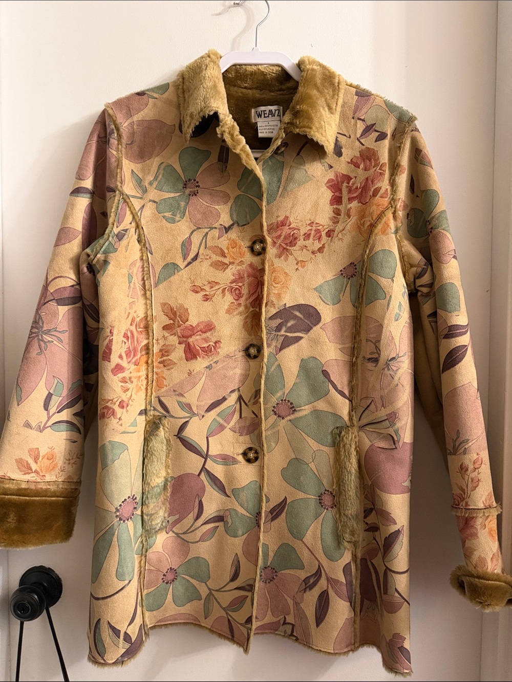 Weavz faux suede shearling artisan watercolor floral jacket faux tan fur small